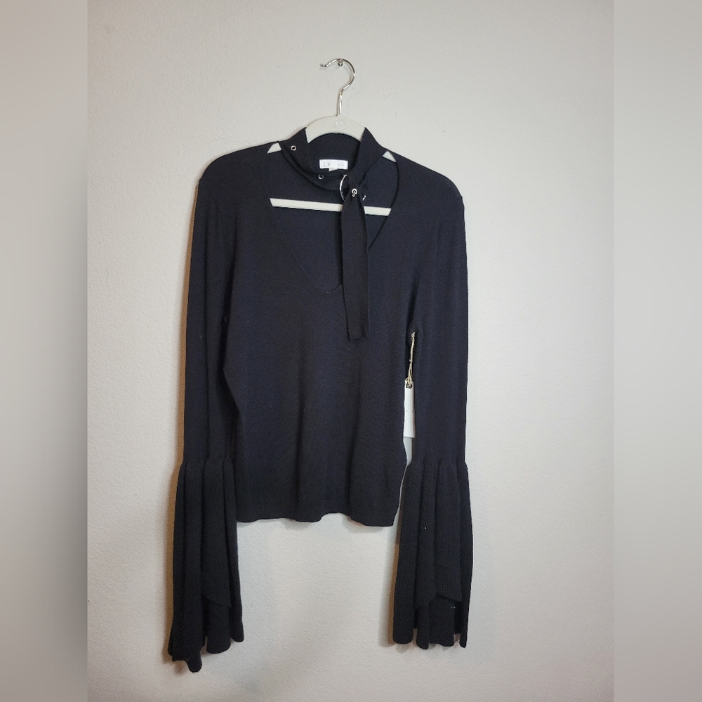 Leith Black Bell Sleeve Blouse with Tie Front